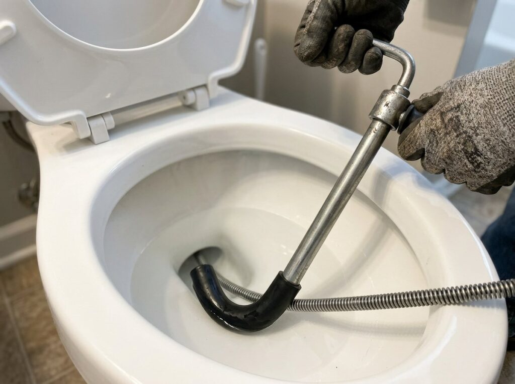 Closet auger with a rubber sleeve inserted into a toilet bowl drain while a gloved hand turns the crank