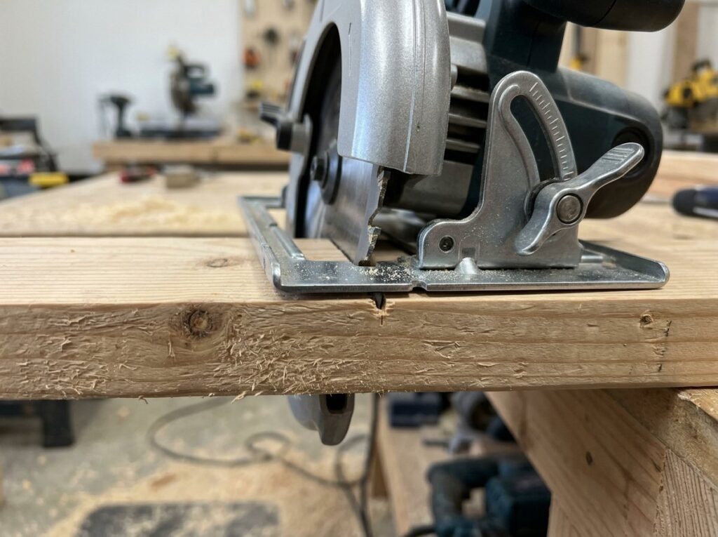 Circular saw blade depth set so less than one tooth shows below the bottom of a pine board