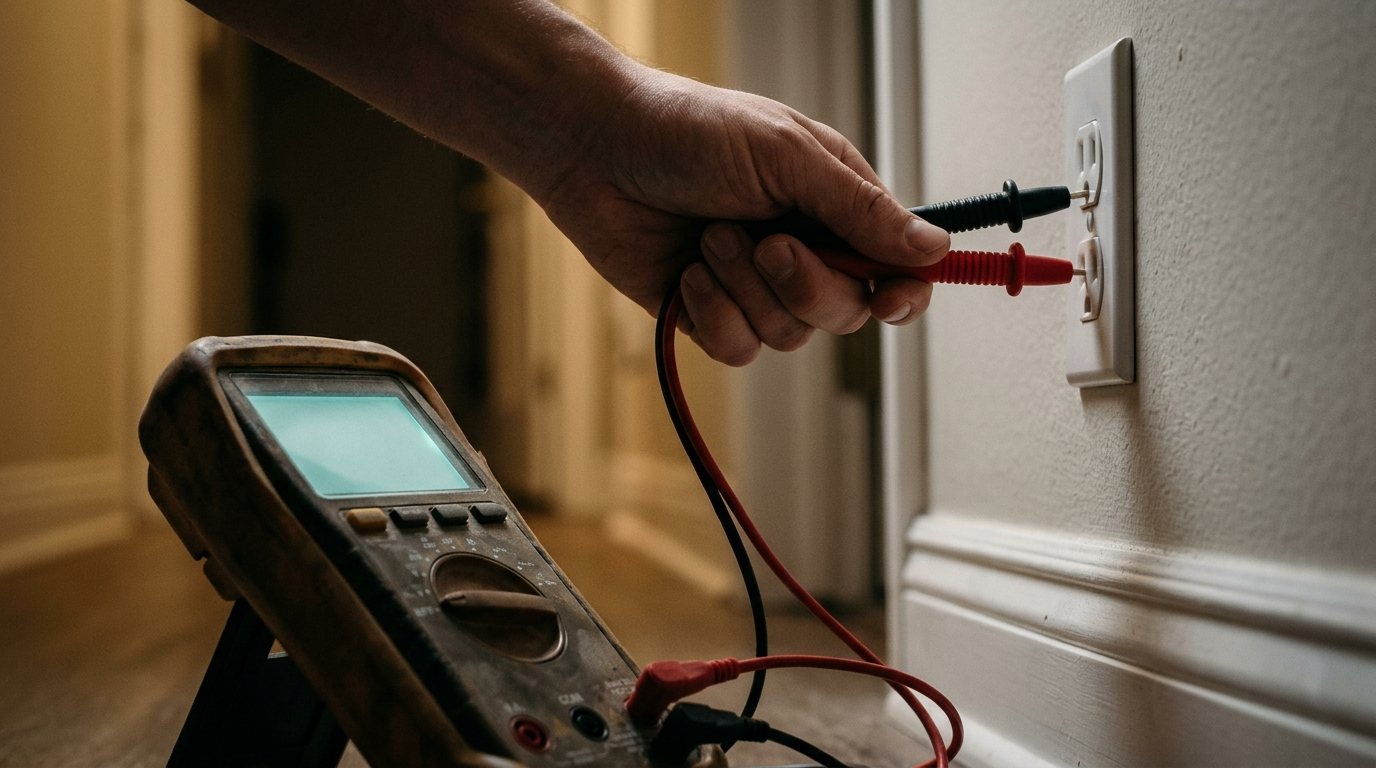 Multimeter probes inserted into a wall outlet, held by one hand behind the probe guards