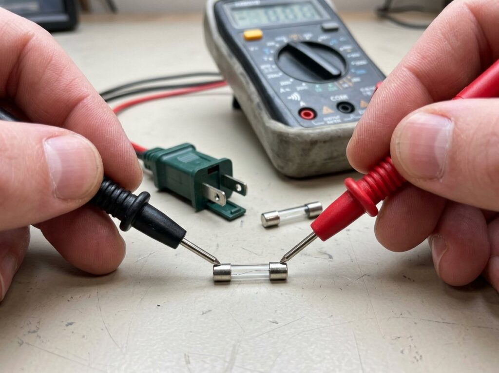 Multimeter probes testing a small glass fuse for continuity next to a holiday light plug