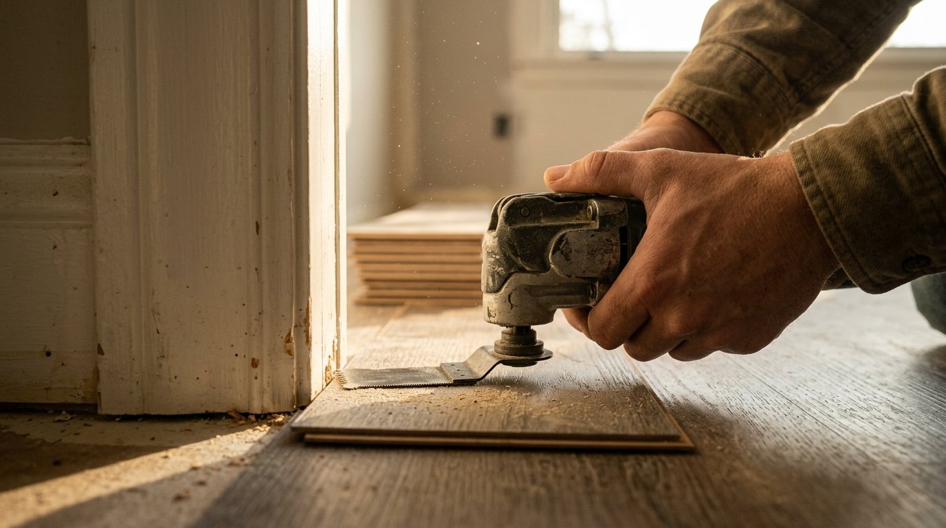 Oscillating tool undercutting a door jamb using a scrap of new flooring as a height guide