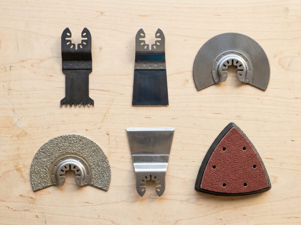 Oscillating tool blades for wood, metal and grout laid out with a scraper and triangular sanding pad