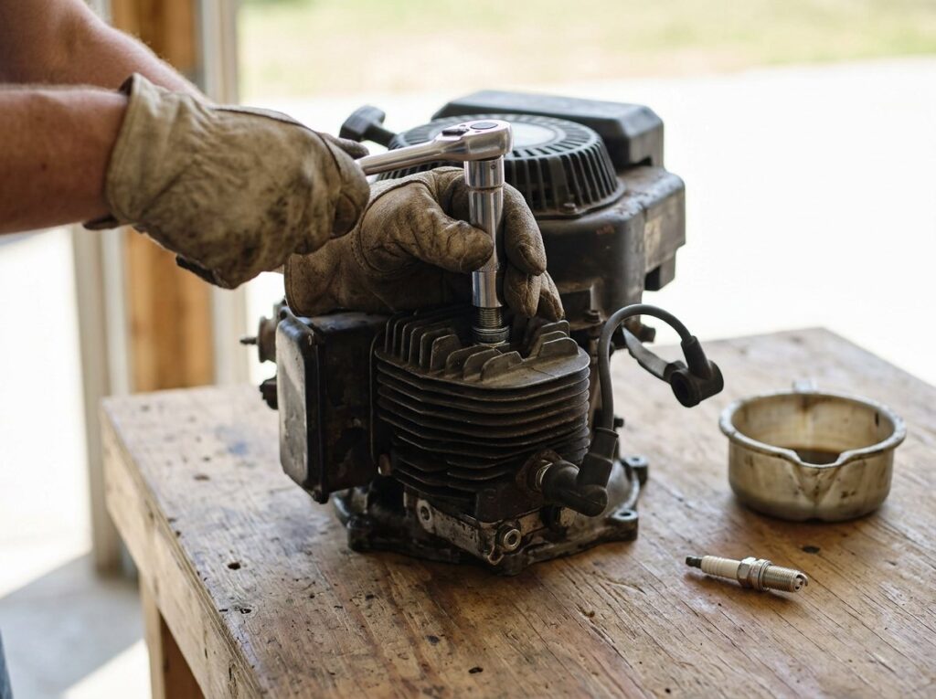 Gloved hands removing a lawn mower spark plug with a socket wrench, a new plug ready nearby