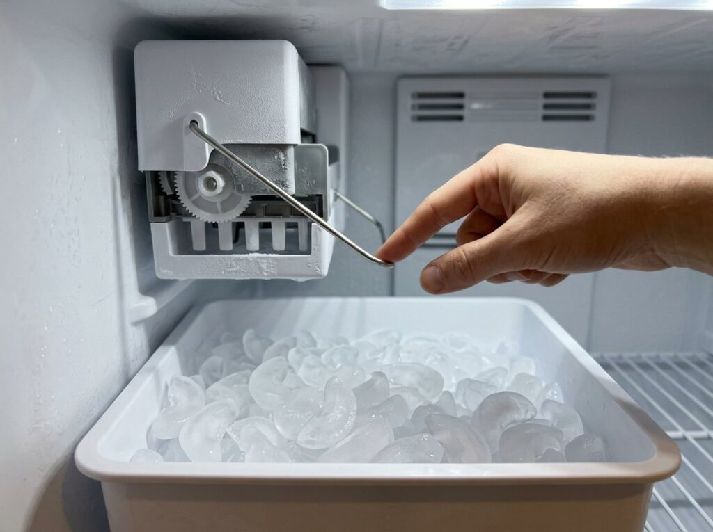 Hand lowering the wire shutoff arm on a refrigerator ice maker with fresh crescent cubes in the tray