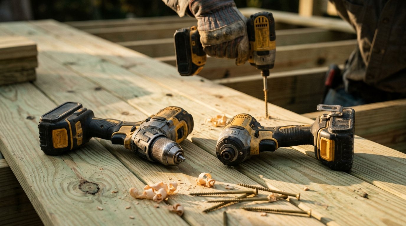 Cordless drill and impact driver side by side on new deck boards with a hand driving a deck screw