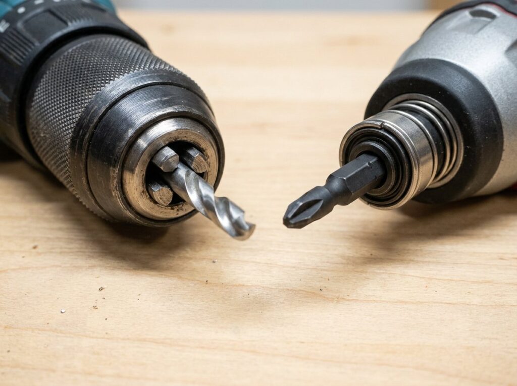 Drill keyless chuck with twist bit beside impact driver hex collet with impact-rated driver bit