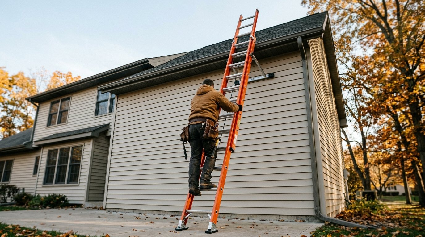 Fiberglass extension ladder set at a safe angle against a house with a person climbing using both hands