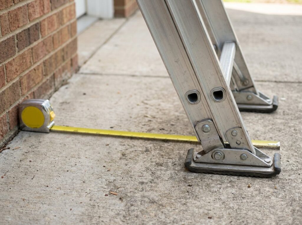 Extension ladder feet set flat on a level patio with a tape measure showing the distance to the wall