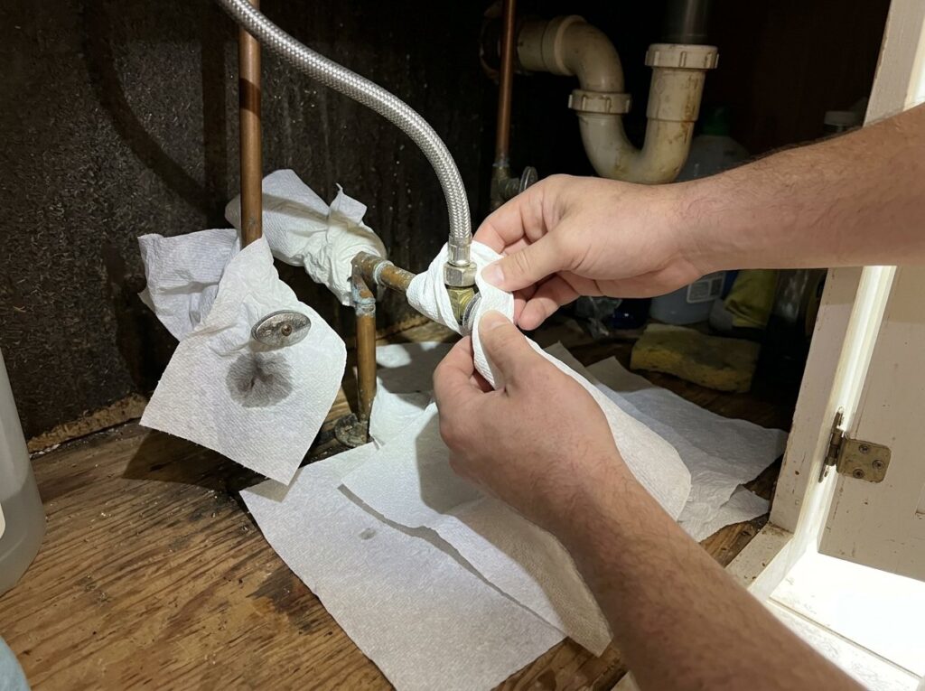 Hands wrapping paper towel around under-sink plumbing connections to pinpoint a leak
