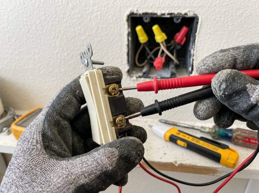Multimeter probes testing a removed light switch for continuity, with a voltage tester nearby