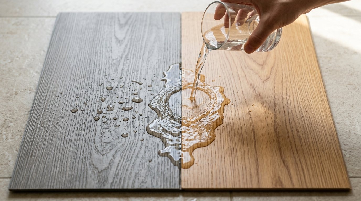 Vinyl plank and laminate flooring samples side by side with water splashed across both
