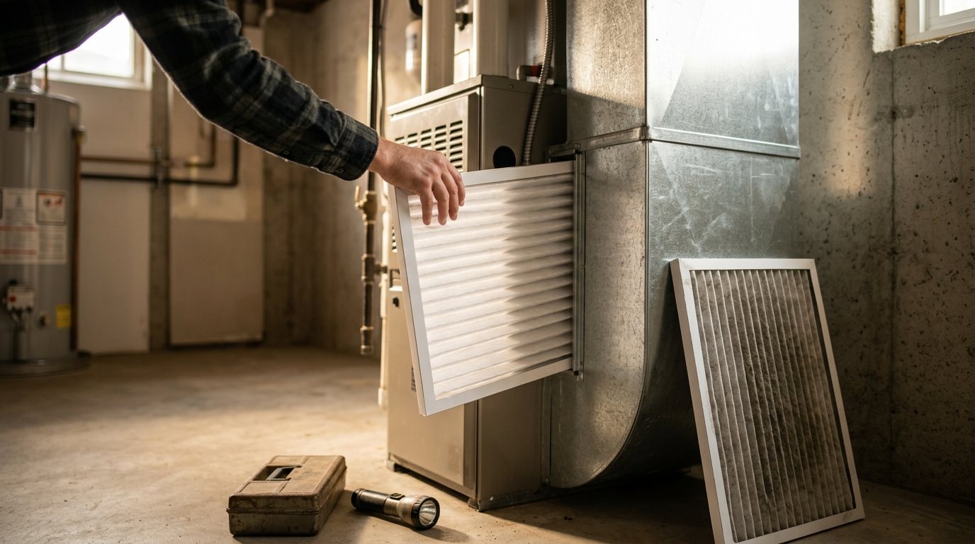 Hand installing a clean furnace filter next to a dusty used filter during monthly home maintenance