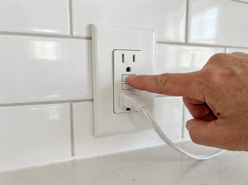 Finger pressing the test button on a kitchen GFCI outlet with a lamp plugged in to check it