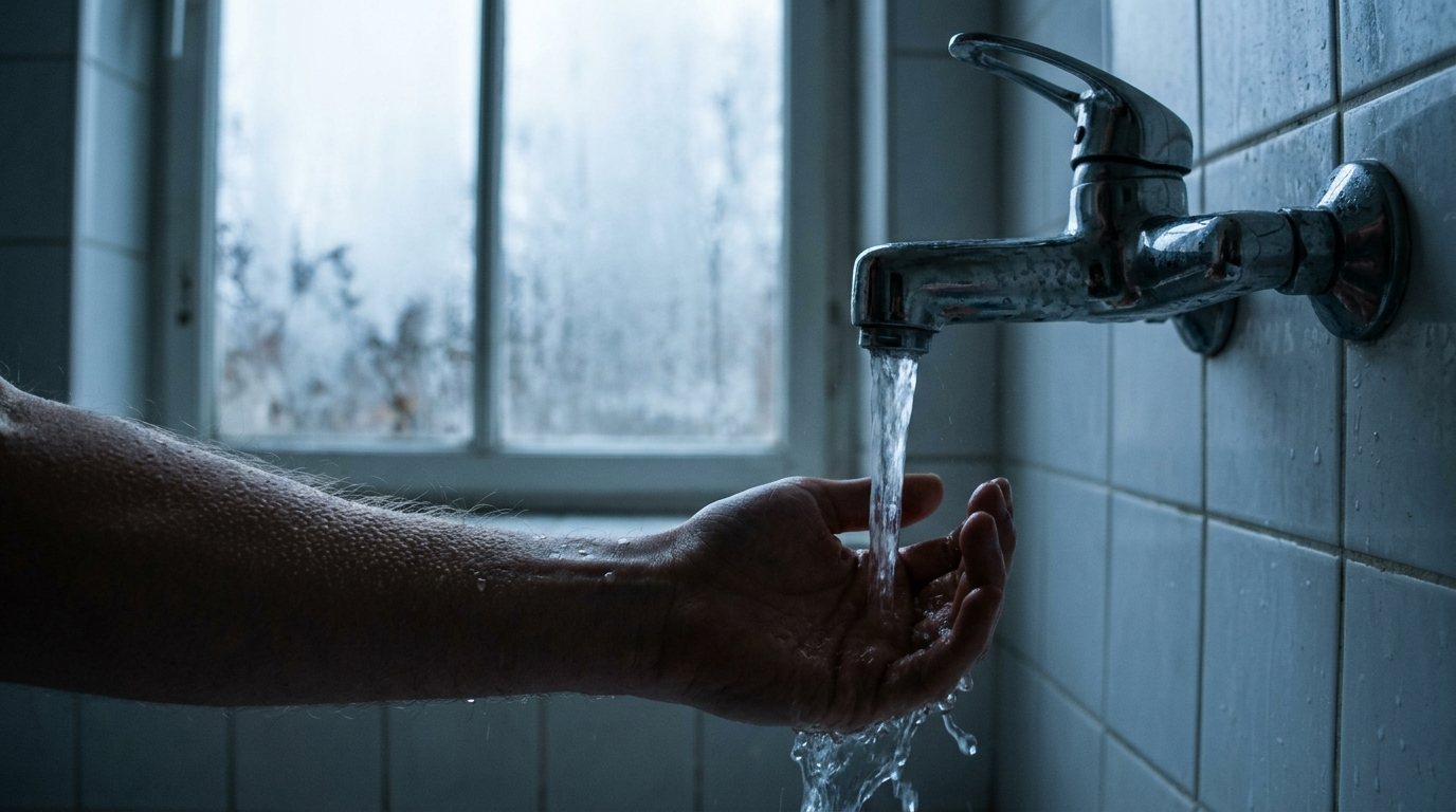 Hand testing cold water from a shower faucet in a chilly bathroom with no hot water