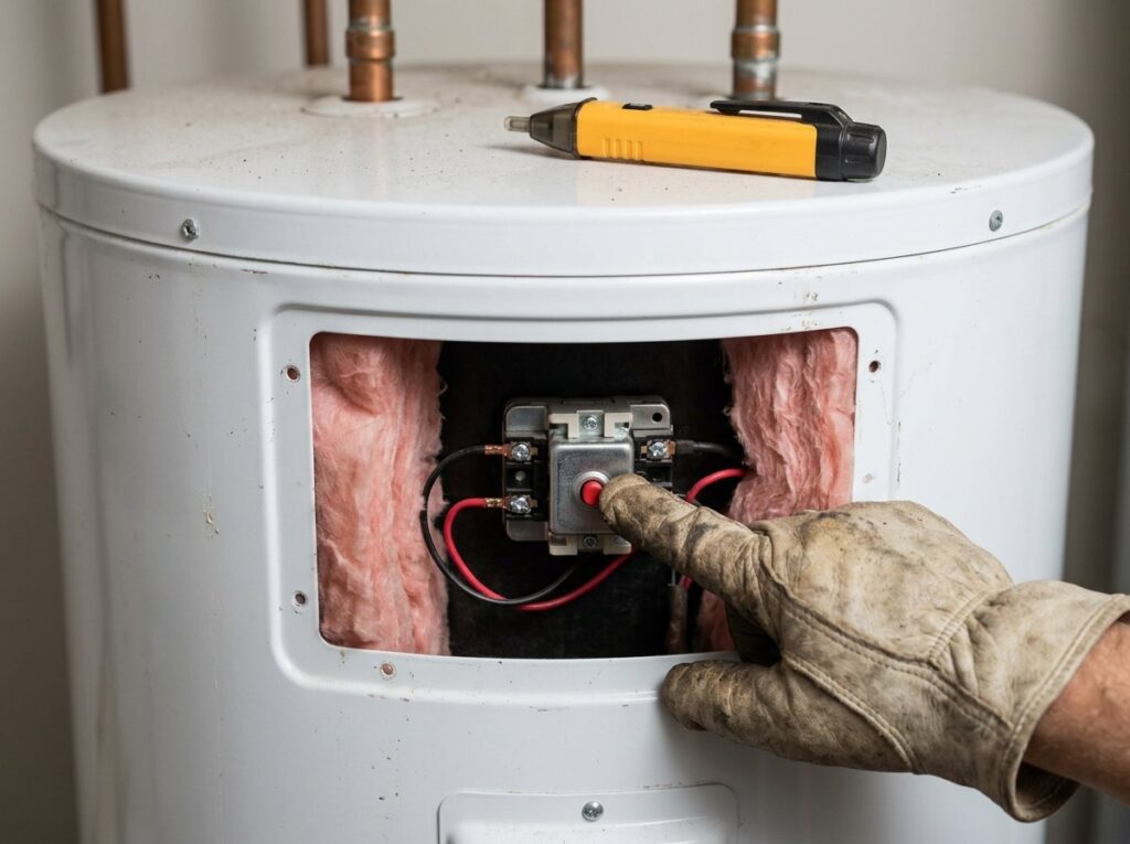 Gloved finger pressing the red high-limit reset button behind the access panel of an electric water heater
