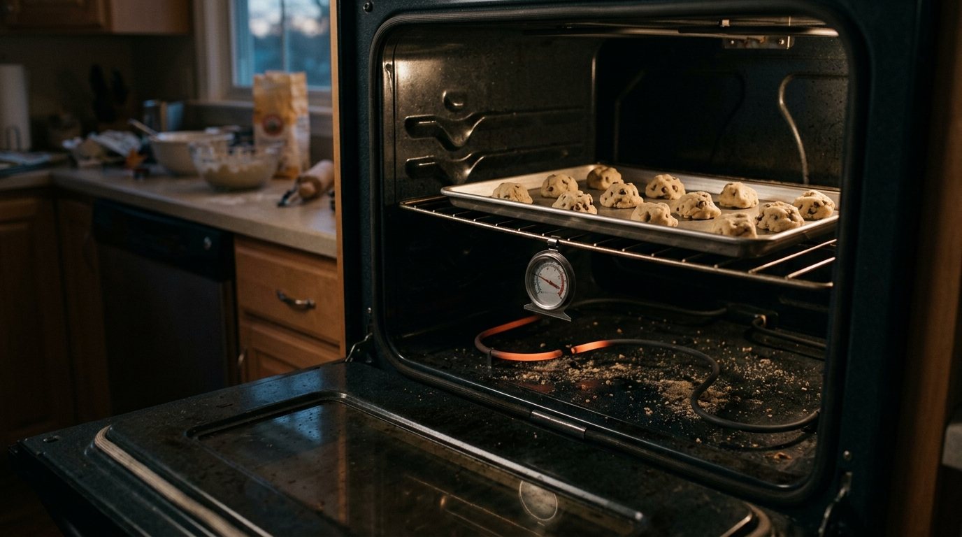 Open oven with raw cookie dough on the rack and a bake element that glows only partway to a break