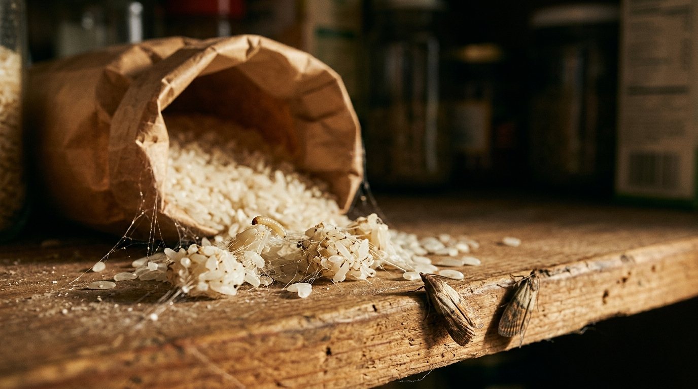 Indian meal moths and silky webbing in a spilled bag of rice on a pantry shelf