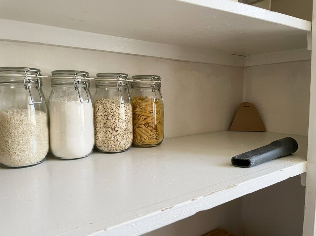 Clean pantry shelf with airtight glass storage jars and a small pheromone moth trap