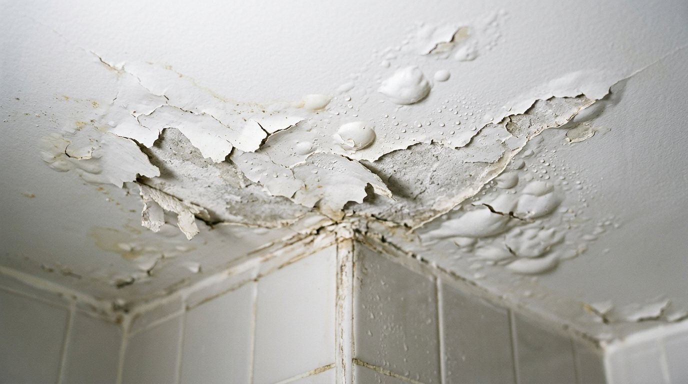 White paint bubbling and peeling from a damp bathroom ceiling corner above a shower
