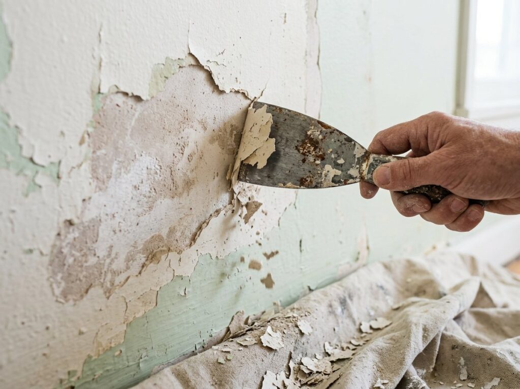 Putty knife scraping loose peeling paint from an interior wall before sanding and priming
