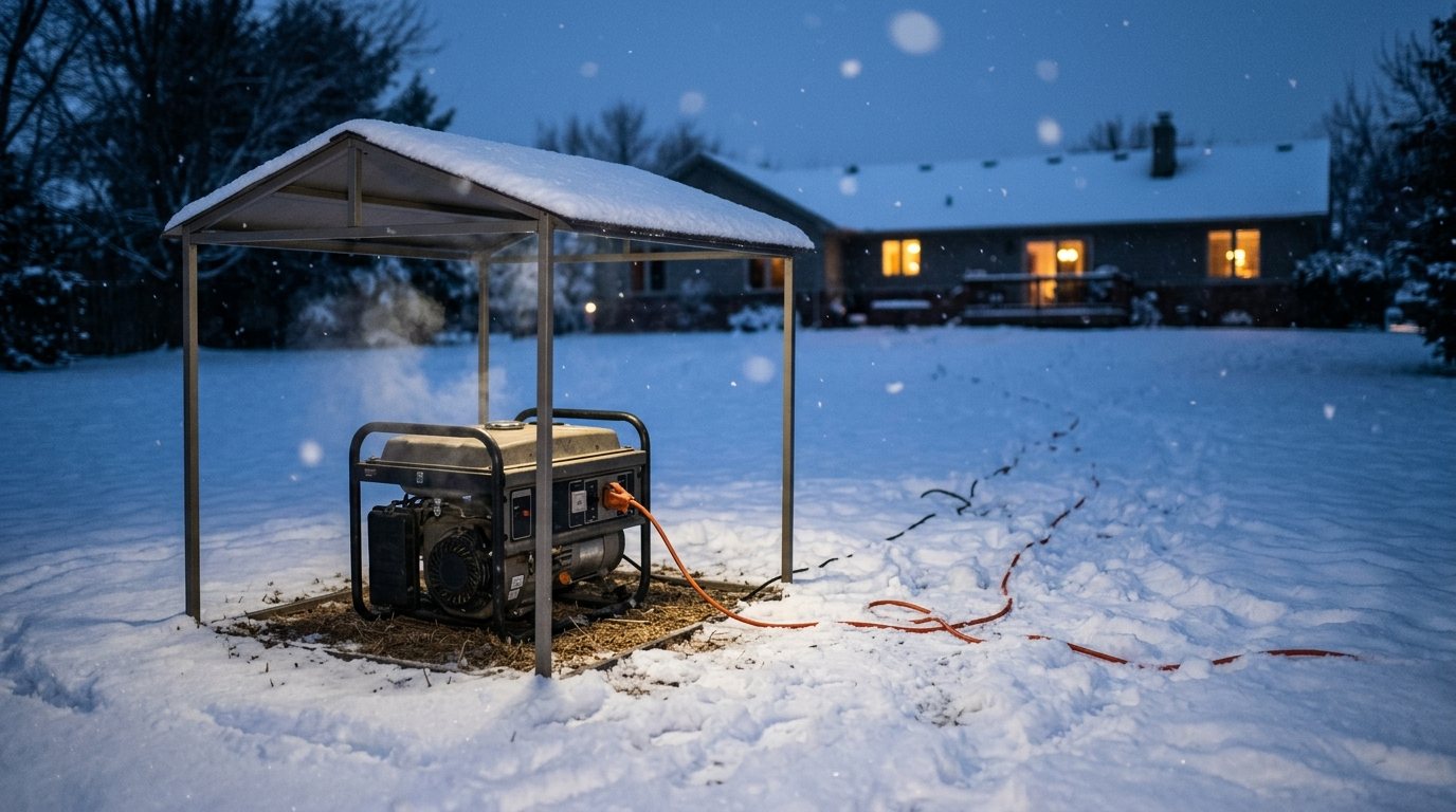 Portable generator running under an open canopy in a snowy yard, set far from a house with glowing windows
