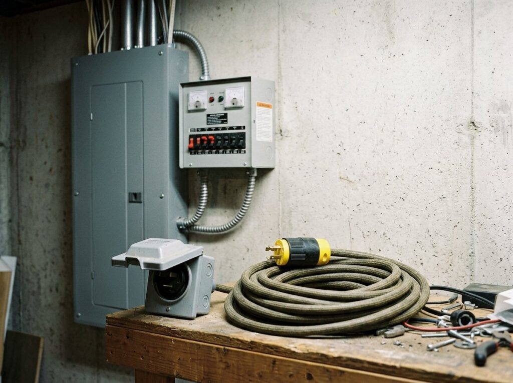 Manual generator transfer switch mounted beside a main electrical panel with a coiled generator cord