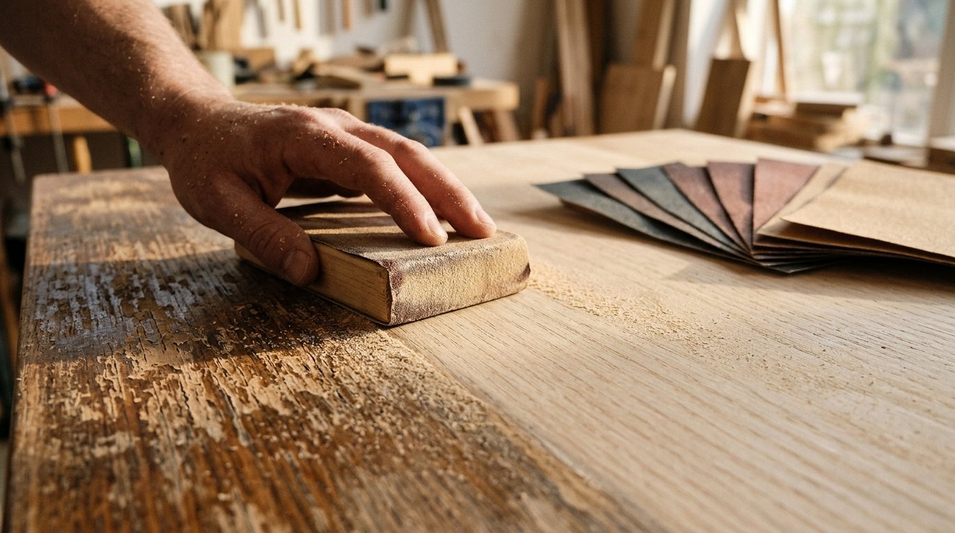 Hand sanding an oak tabletop with a sanding block, half rough and half smooth, with fine dust in warm light
