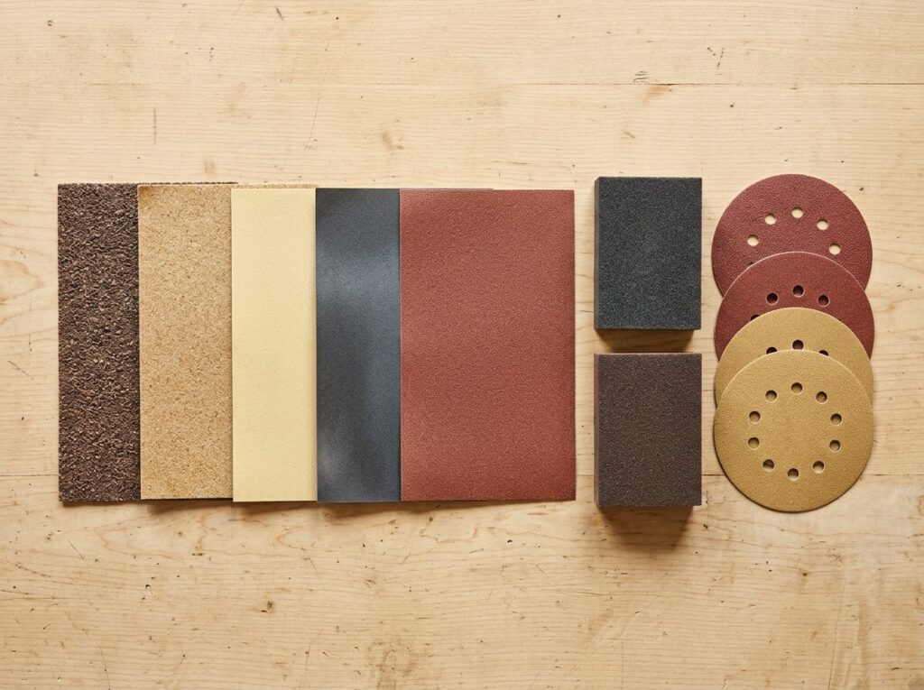 Sandpaper sheets from coarse to fine laid out with sanding sponges and hook-and-loop sanding discs