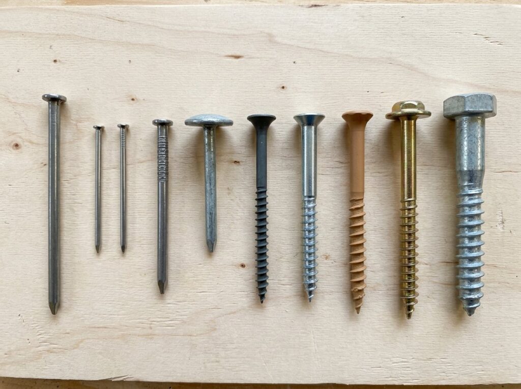 Rows of nail and screw types including common, ring-shank, drywall, deck, structural and lag screws