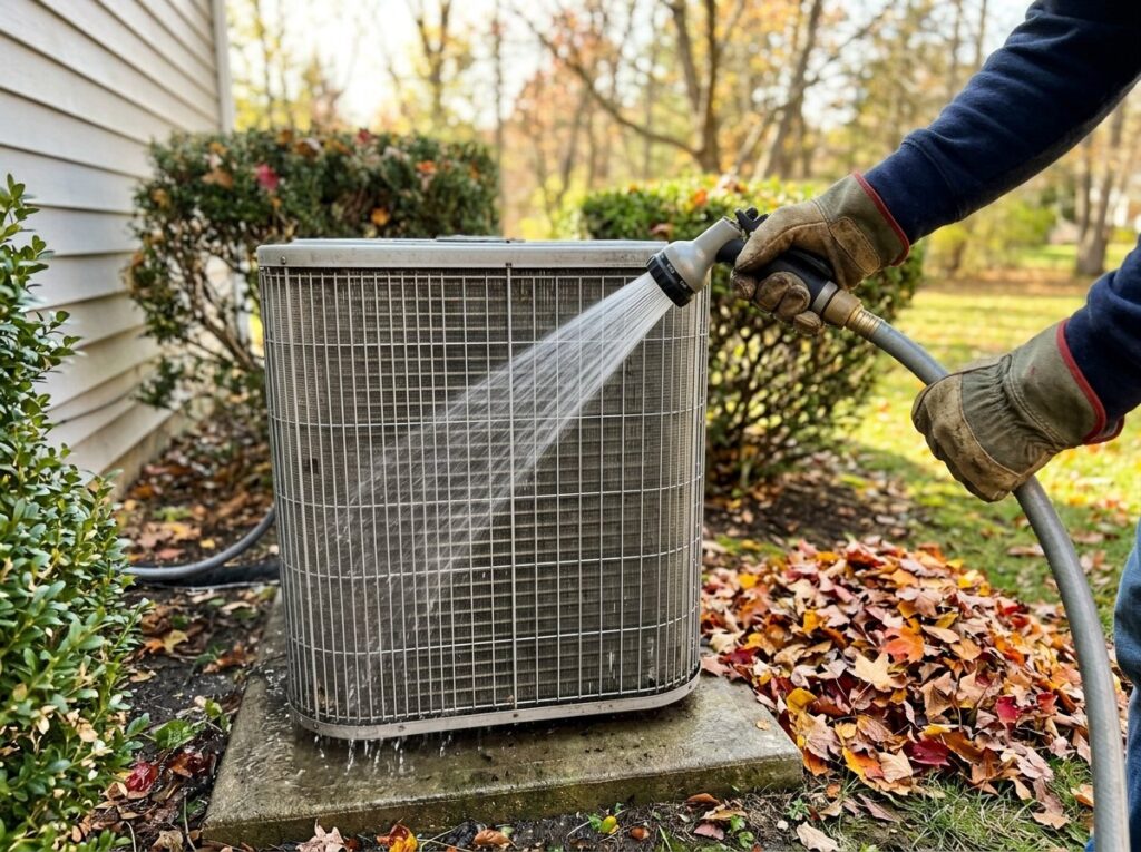 Gloved hands rinsing an outdoor AC condenser coil with a garden hose during fall cleanup