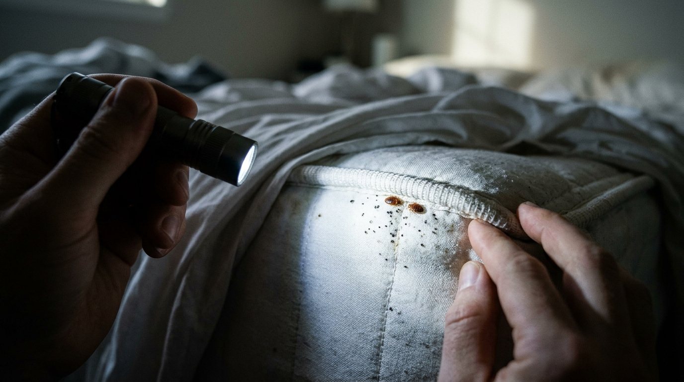 Flashlight beam revealing bed bugs and dark fecal spots along a mattress seam