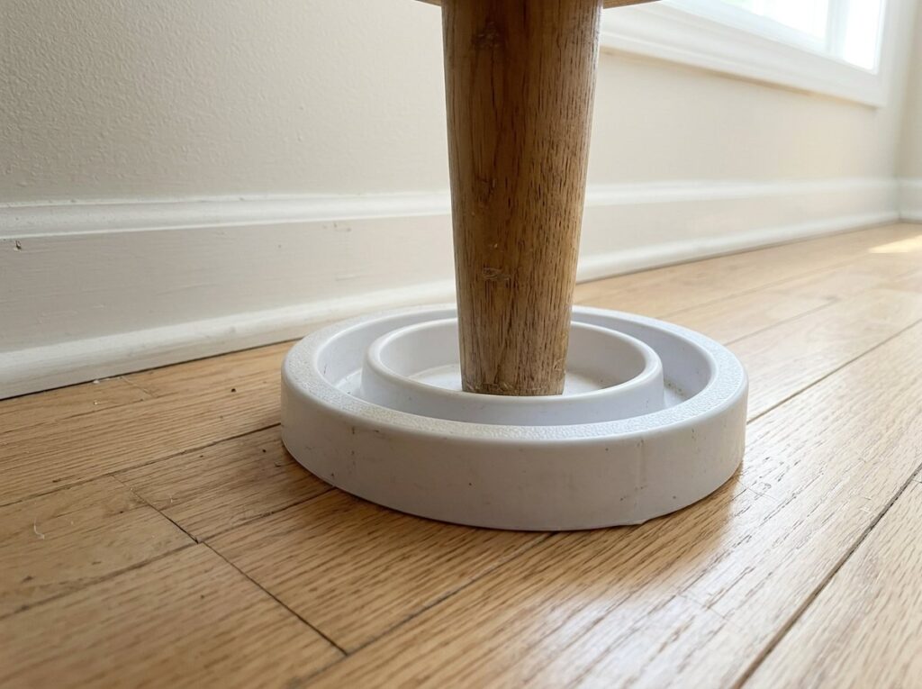 Bed bug interceptor cup placed under a wooden bed leg on a hardwood floor