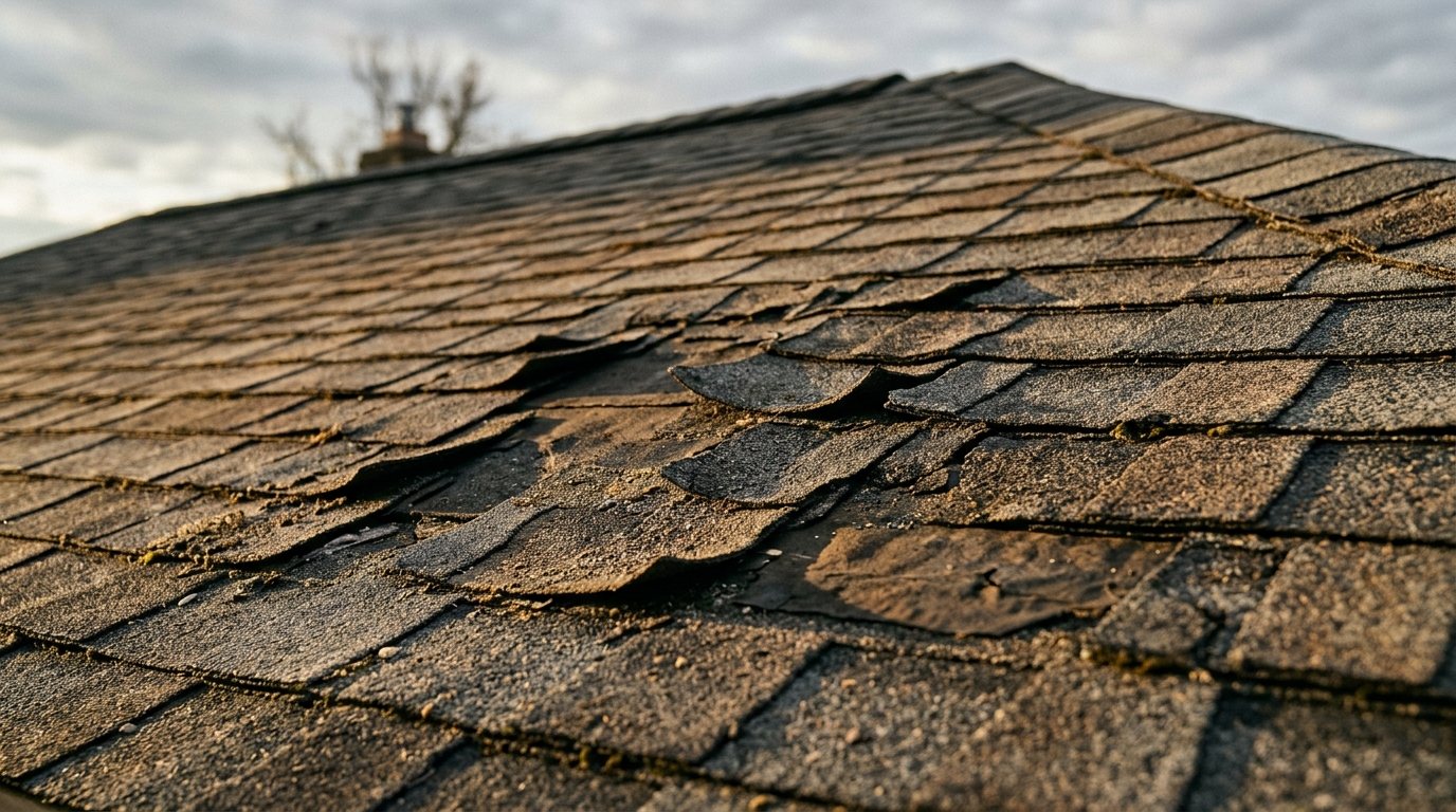 Old asphalt roof with curled, cracked and missing shingles showing it needs replacement
