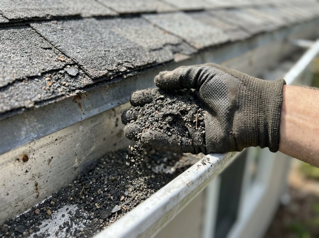 Gloved hand holding shingle granules scooped from a gutter, a sign of an aging asphalt roof