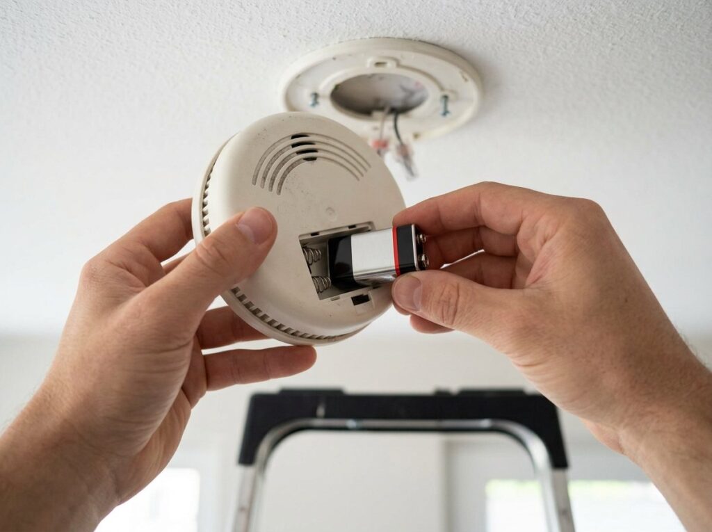 Hands inserting a new 9-volt battery into a smoke detector removed from the ceiling