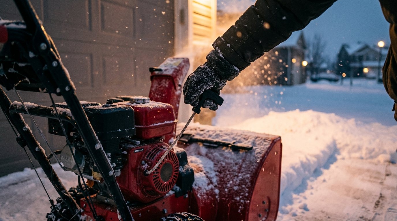 Gloved hand pulling the starter cord of a snow blower on a snowy driveway at dusk