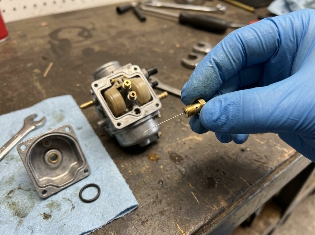 Cleaning the main jet in a snow blower carburetor float bowl bolt with a fine wire