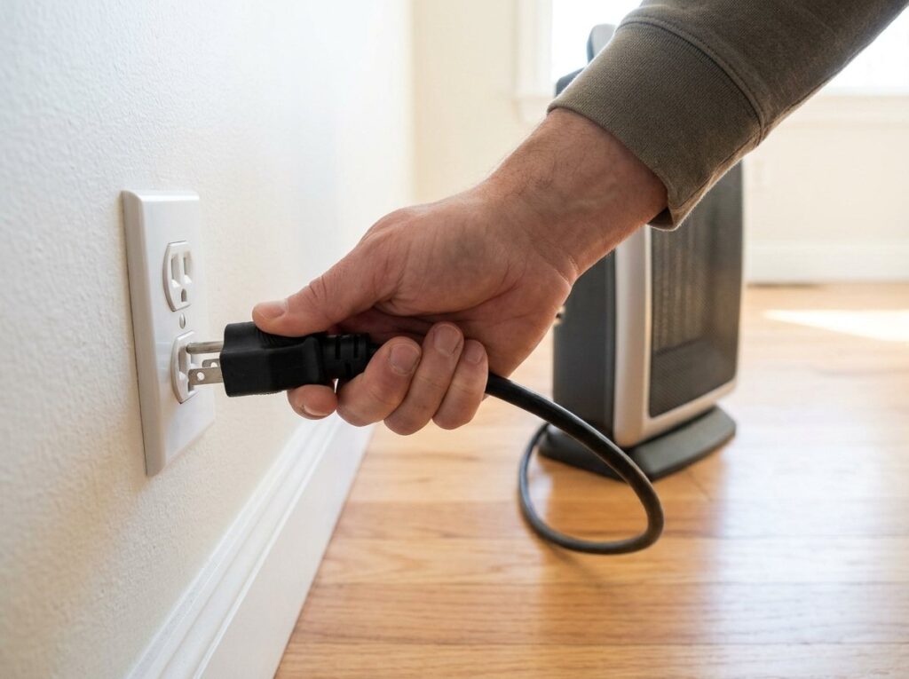 Hand plugging a space heater cord directly into a wall outlet with clear space around the heater