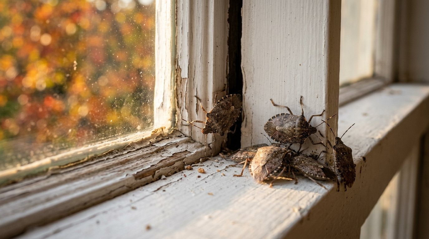 Brown marmorated stink bugs gathered on a white window frame in autumn sunlight