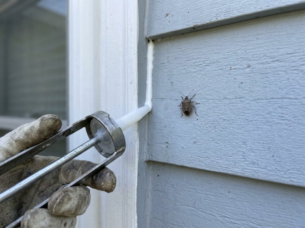 Caulk gun sealing a gap between exterior window trim and siding to keep stink bugs out