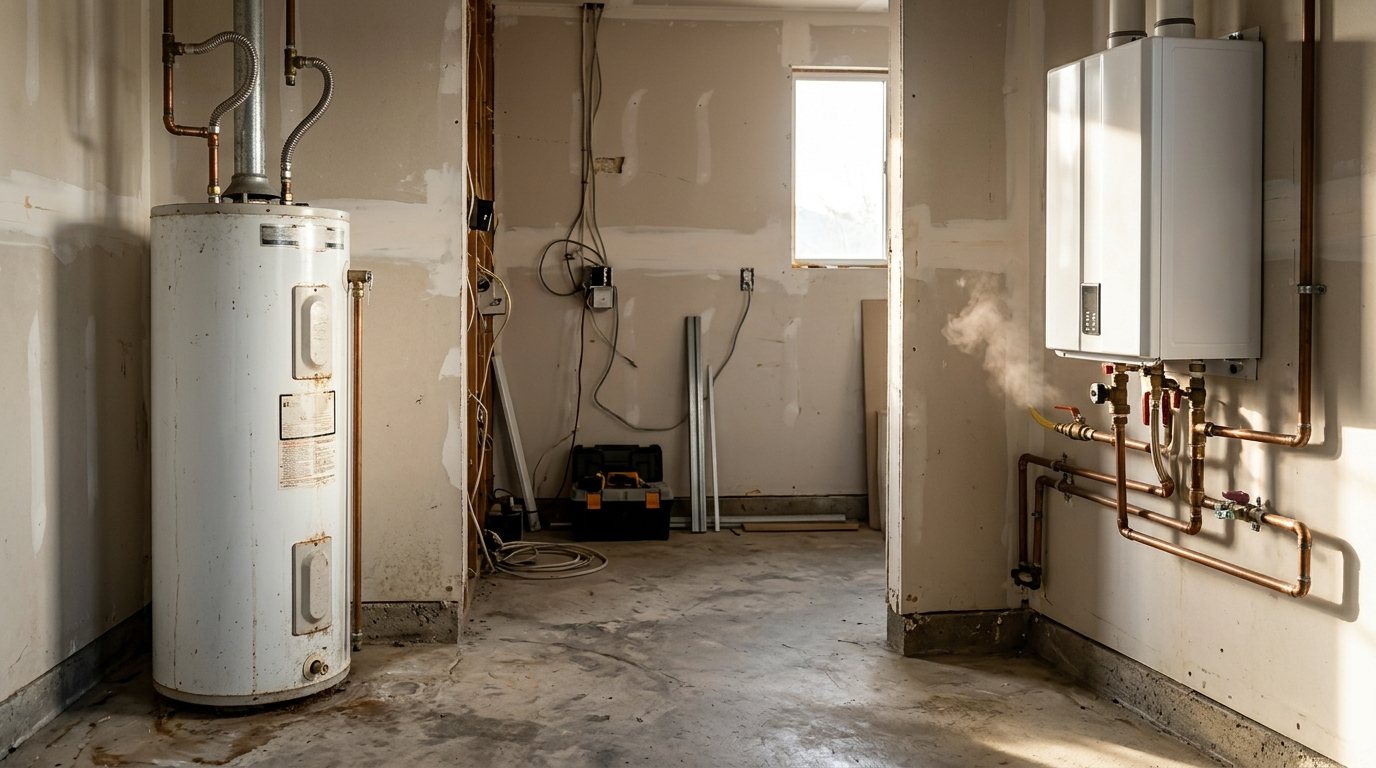 Tall tank water heater beside a compact wall-mounted tankless water heater in a utility room