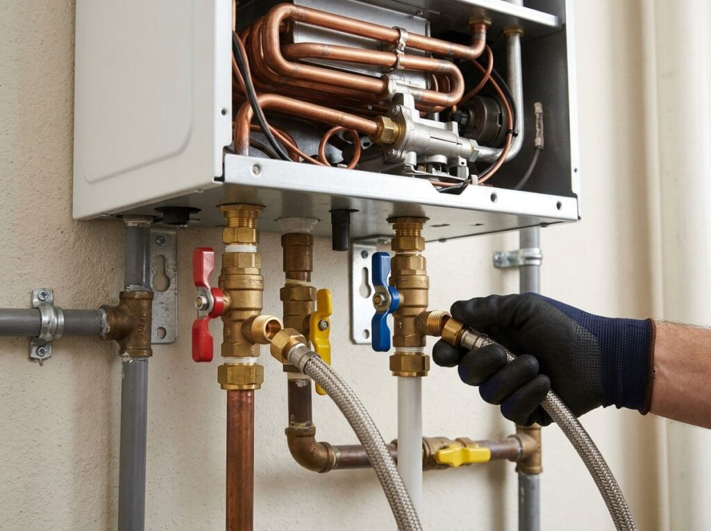 Open tankless water heater showing its heat exchanger and service valves with a flush hose being attached