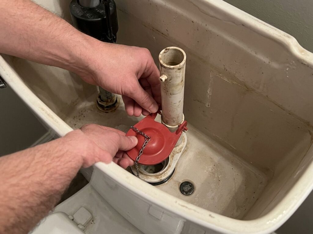 Hands replacing a rubber flapper inside a toilet tank