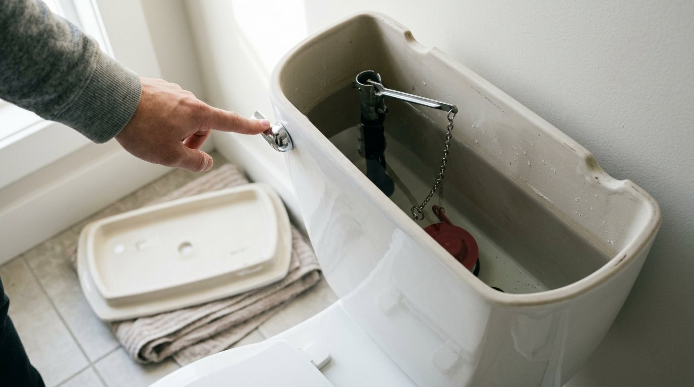 Hand pressing a toilet handle with the tank lid off, showing a loose chain that leaves the flapper shut