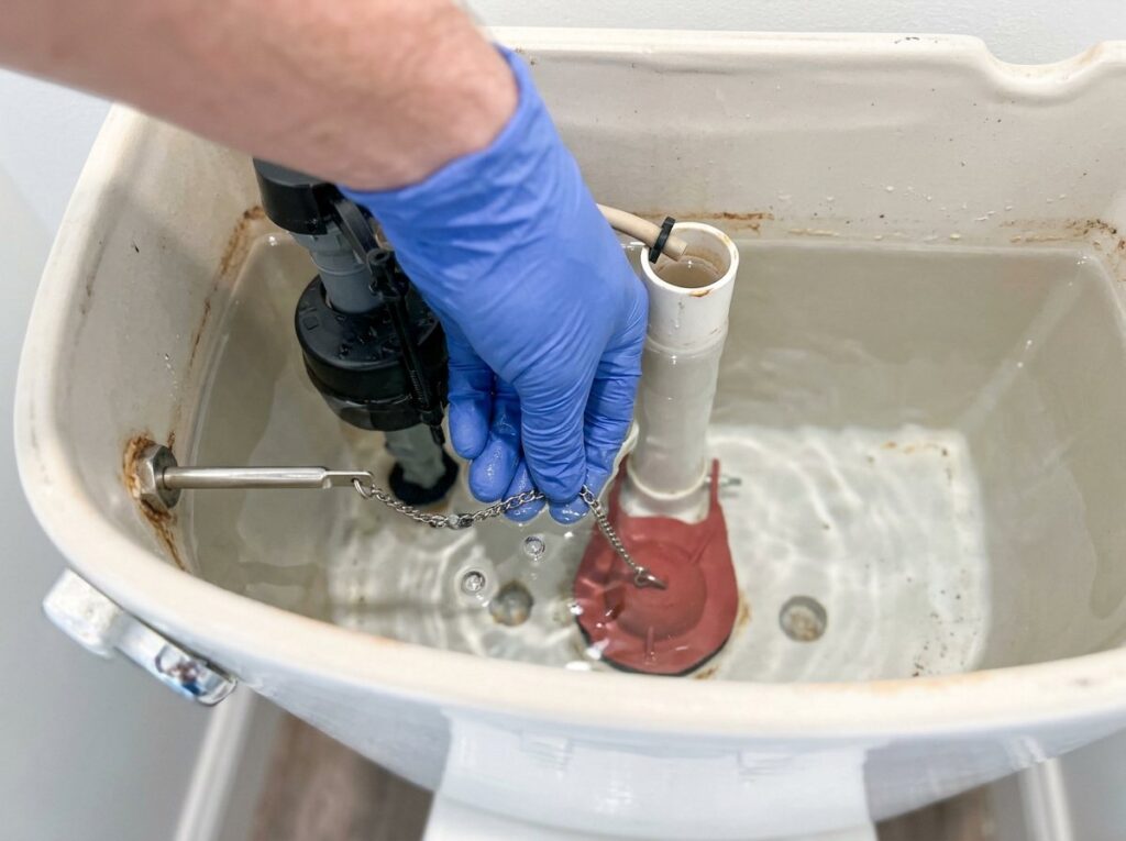 Gloved hand reattaching the lift chain to a toilet flapper inside an open tank