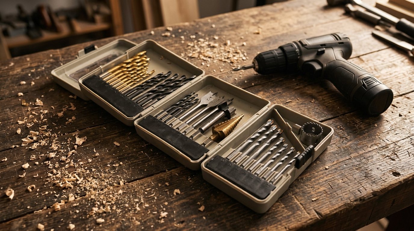 Assorted drill bit types including twist, spade, Forstner, step and masonry bits laid out beside a cordless drill
