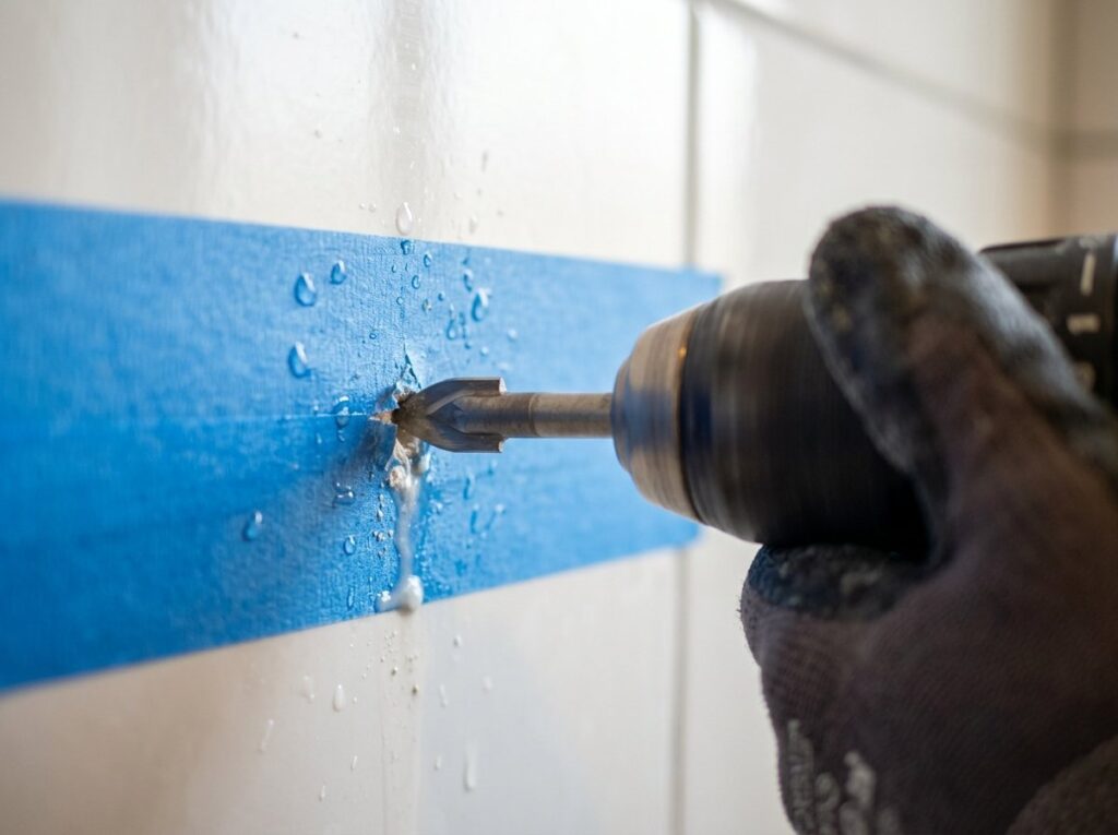 Spear-point tile drill bit drilling through painter's tape on a ceramic tile with water for cooling