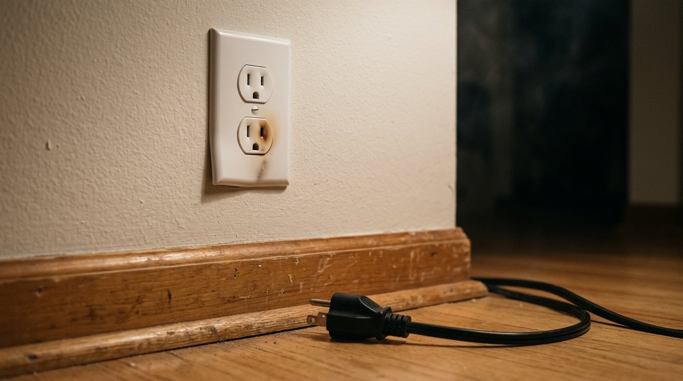 Wall outlet with brown scorch marks around one slot and a space heater plug unplugged below