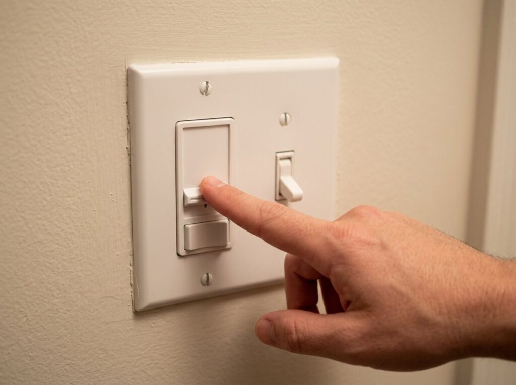 Fingertips touching a dimmer switch cover plate to check for warmth