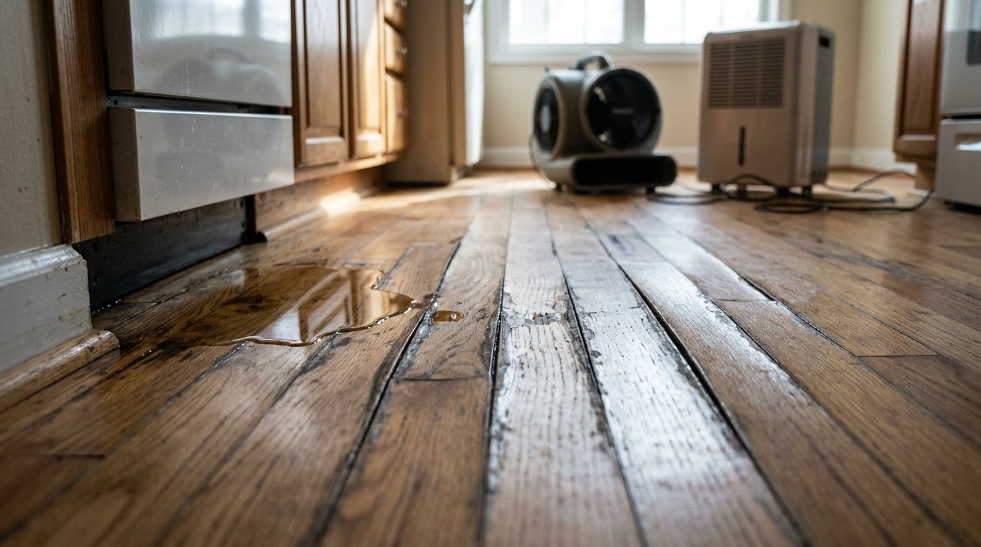 Cupped oak hardwood boards with dark water stains near a kitchen dishwasher, fan and dehumidifier behind